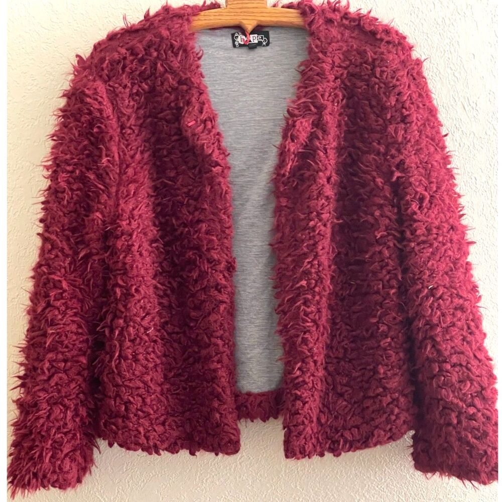 Vintage HYPE Shaggy Faux Fur Open Front Jacket Cardigan Red Y2K Mob Wife Chic L